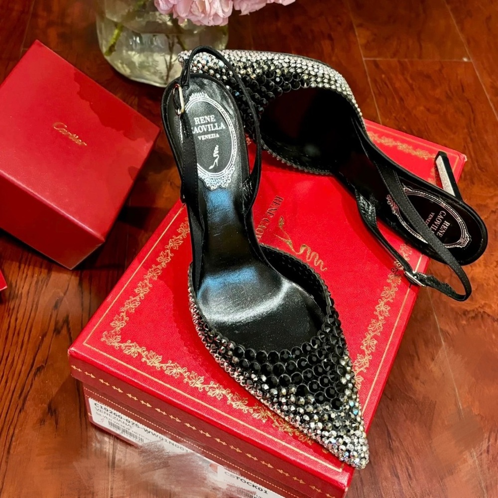 NWT Rene Caovilla Black and Silver Embellished Heels
